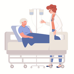 Doctor puts intravenous drip on sick elderly woman lying on hospital bed. Concept of healthcare and medicine. Vector characters flat cartoon illustration.