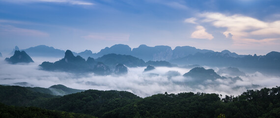 Panolama of Doi Tapang (Doi Ta Pang) Viewpoint. The best view is looking eastwards towards the Khao Thalu mountain range in Chumphon, south of Thailand.