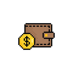 Wall Mural - pixel icon.  Vector pixel art money wallet 8 bit logo for game