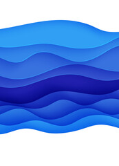 Wall Mural - Abstract background with water waves in paper cut style. 3d wallpaper with cut out deep wavy modern cover. Blue color layers with smooth shadow papercut art. Vector illustration, origami shapes