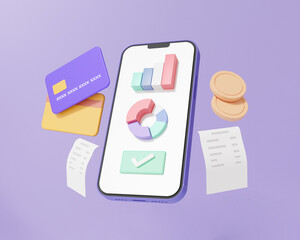 Sticker - Statistics grow pay money via app mobile Internet banking online payments bill card and coins floating on purple background, exchange transfer concept. cartoon minimal. 3d render illustration