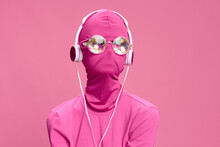 Creative Crazy Pink Photo On A Pink Background With Pink Clothes And Accessories, Cyberpunk Concept And Conceptual Art Photography