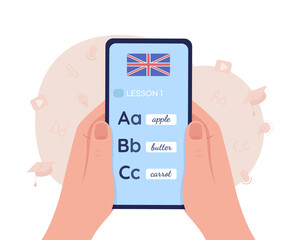 Poster - Improving British English 2D vector isolated illustration. Flat first view hand on cartoon background. Colourful scene for mobile, website. Patrick Hand, Comfortaa, Dancing Script fonts used