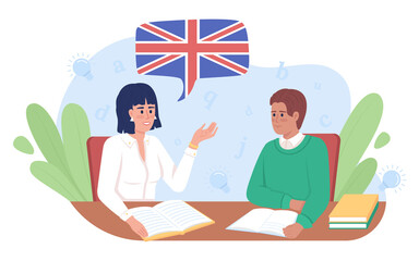 Poster - English class 2D vector isolated illustration. English teacher and student flat characters on cartoon background. Private tutoring colourful scene for mobile, website, presentation. Lora font used