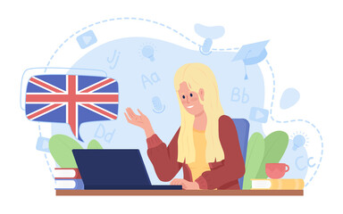 Poster - Online english speaking course 2D vector isolated illustration. Girl participates in video class flat character on cartoon background. Colourful scene for mobile, website. Patrick Hand font used