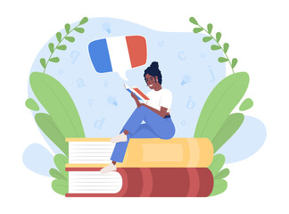 Poster - Reading book to learn French 2D vector isolated illustration. Student flat character on cartoon background. French course for beginner colourful scene for mobile, website, presentation. Lora font used
