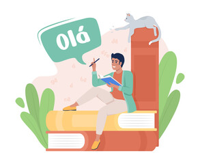 Poster - Studying portuguese language with pleasure 2D vector isolated illustration. Learner flat character on cartoon background. Colourful scene for mobile, website, presentation. Nerko One Regular font used