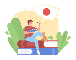 Poster - Studying japanese language quickly 2D vector isolated illustration. Foreign student flat character on cartoon background. Colourful scene for mobile, website, presentation. Lora font used