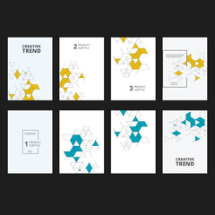 Poster - Technology brochure triangle textured template. Modern geometric graphic. Vector set cover with triangles pattern ornament