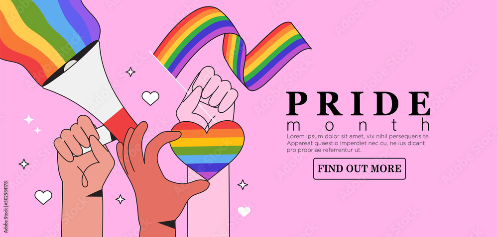 People hold megaphone and flag with lgbt rainbow during pride month or ...
