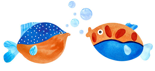 Watercolor set of colorful fantasy cartoon orange and blue fish with bubbles. Flame angelfish, Copperband Butterflyfish, Purple mask angelfish