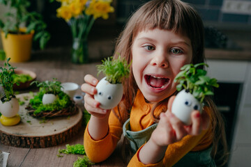 Wall Mural - Little girl decorating eggshell with toy eyes on the table