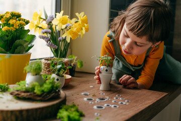 Wall Mural - Little girl decorating eggshell with toy eyes on the table