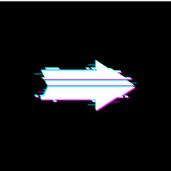 Poster - Right arrow pointer with glitch noise effect isolated ui game interface panel design element. Vector web navigation play button, cursor display malfunction, signal loss glitched screen digital defect