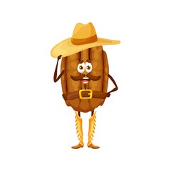 Sticker - cartoon pecan nut cowboy character. vector wild west pekan kernel, western hero wear hat and boots a