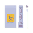 Set of Coronavirus or COVID-19 Antigen rapid test or ATK with positive cassette, plastic bag with biohazard symbol and swab stick, for seft disease detection. Flat vector illustration.