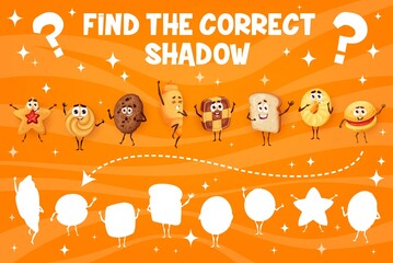 Poster - Cookies desserts and bakery characters, find the correct shadow kids game. Cartoon worksheet with croissant, chocolate cookie, shortbread and bread toast slice personages, matching riddle