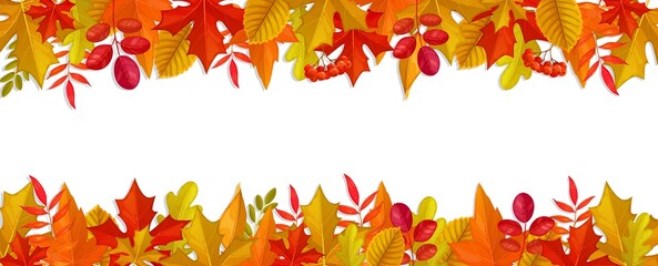 Wall Mural - Frame with stripes of autumn leaves and berries. Vector autumnal horizontal border with red and yellow foliage of oak, maple, rowan trees. Background for sale, back to school or thanksgiving holidays