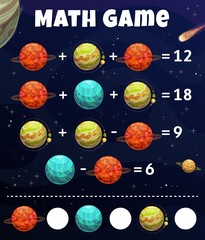 Poster - Math game worksheet, galaxy space planets, education maze. Cartoon vector learn to count teaser, educational puzzle for counting and mathematics skills development. Numeracy riddle activity for kids