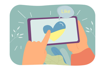 Poster - Touching mobile phone screen with finger to like Ukrainian heart. Support of Ukraine by person in social media flat vector illustration. Internet concept for banner, website design or landing web page