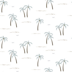 Wall Mural - Palm trees vector seamless summer pattern. Wrapping paper summer pattern. Cute doodle summer pattern with palm tree and waves