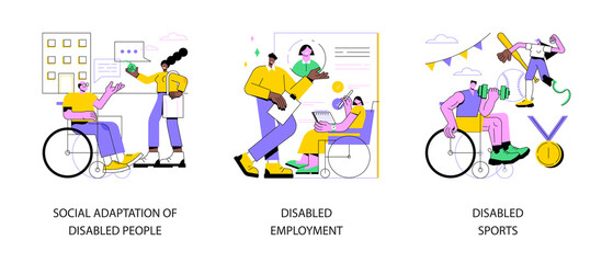 Wall Mural - Inclusive social environment abstract concept vector illustration set. Social adaptation of disabled people, disabled employment, sports with physical disabilities, wheelchair abstract metaphor.