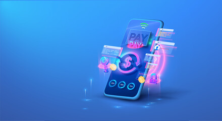 Aufkleber - Fast payment by smartphone. International currency transfer, payment via smartphone, contactless payment. New online translation technologies. Vector illustration