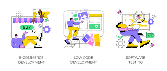Poster - application software abstract concept vector illustration set. e-commerce development, low code deve