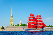 St. Petersburg, Russia - June 2021: A Ship With Red (scarlet) Sails On The Background Of The Peter And Paul Fortress