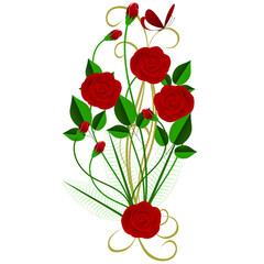 Wall Mural - Bouquet of red roses with leaves and a butterfly on a white background.
