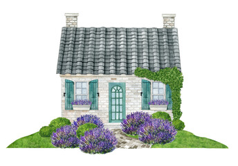 Watercolor village house,Provence lavender garden, Countryside landscape, Cottage illustration,summer garden plants,Home logo design