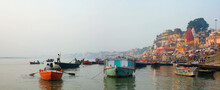 India, Uttar Pradesh, Varanasi, Panorama View Of Ganges Riverfront At Dawn