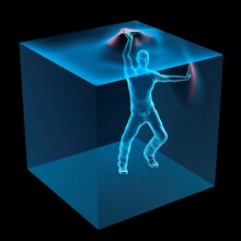 3D Computer Illustration Of Man Trapped Inside Blue Transparent Cube