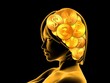 © SuperStock - Golden woman in profile on black background with coins in her hair.