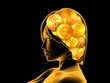 © SuperStock - Golden woman in profile on black background with coins in her hair
