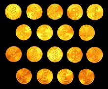 Gold Coins Of Dollar, Pound, Euro And Yen