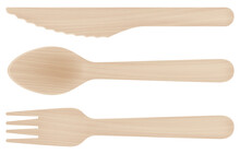 Set Of Wooden Cutlery: Fork, Knife And Spoon. Vector Illustration.
