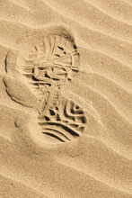 Close-up Of Boot Print On Sand, Pacific Beach, Washington State, USA