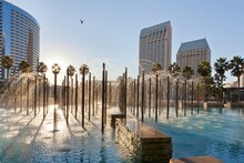 USA, California, San Diego, Martin Luther King Jr. Promenade, Children's Park, Fountain With Palm Trees