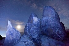 USA, California, Predawn Sky With Moon, Alabama Hills, Near Lone Pine