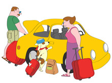 Couple And Dog With Suitcases Standing Next To Yellow Car, Illustration