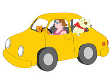 Smiling Woman Driving Yellow Car With Cat And Dog, Illustration