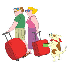 Couple And Dog Walking With Suitcases, Illustration