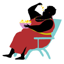 Overweight Woman Sitting In Armchair Eating Chips, Illustration