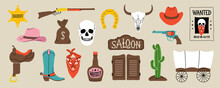Wild West Elements In Modern Flat, Line Style. Hand Drawn Vector Illustration: Cowboy Boot, Hat, Saloon Doors And Sign, Bandana, Bull And Human Skull, Revolver, Cactus, Whiskey Bottle, Wagon, Rifle.