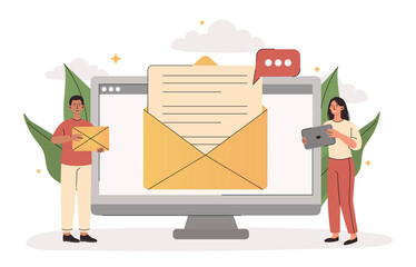 Poster - email message concept. man and woman organize promotion on internet. company promoting products or s
