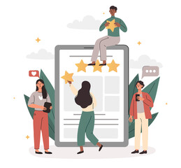 Poster - concept of feedback. men and girls put stars. metaphor for feedback and collecting customer opinions