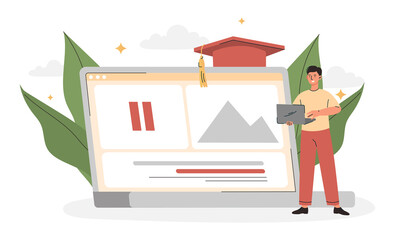 Poster - Internet lessons concept. Man with laptop, modern technology and digital world. Student doing homework, taking test or passing examination. Guy watching video. Cartoon flat vector illustration