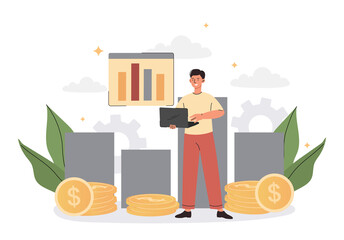 Poster - Investment data concept. Man with laptop analyzes graphs and charts. Working with statistics and financial literacy. Entrepreneur or businessman creates start up. Cartoon flat vector illustration