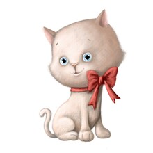 Cute Little Kitten With Bow, Watercolor Style Illustration With Cartoon Character